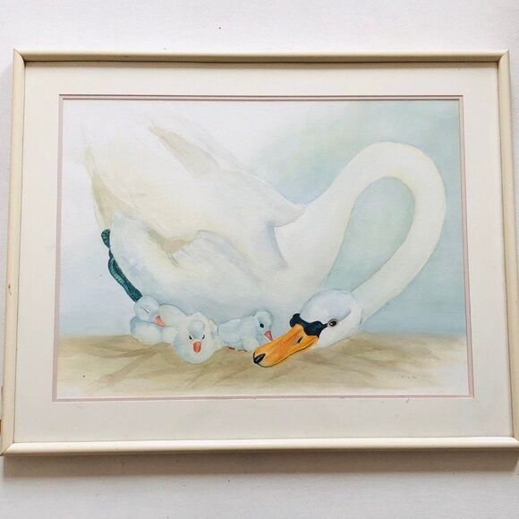 Watercolor Catherine Weisz Swan with Little Swans - Picture 1 of 3